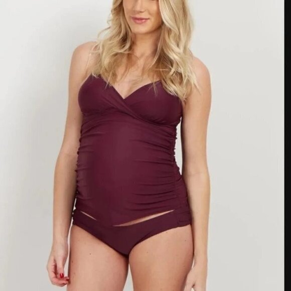 Pinkblush Maternity Plum Wrap Front Tankini + Bikini Bottoms Bathing Suit Set S - Picture 2 of 10